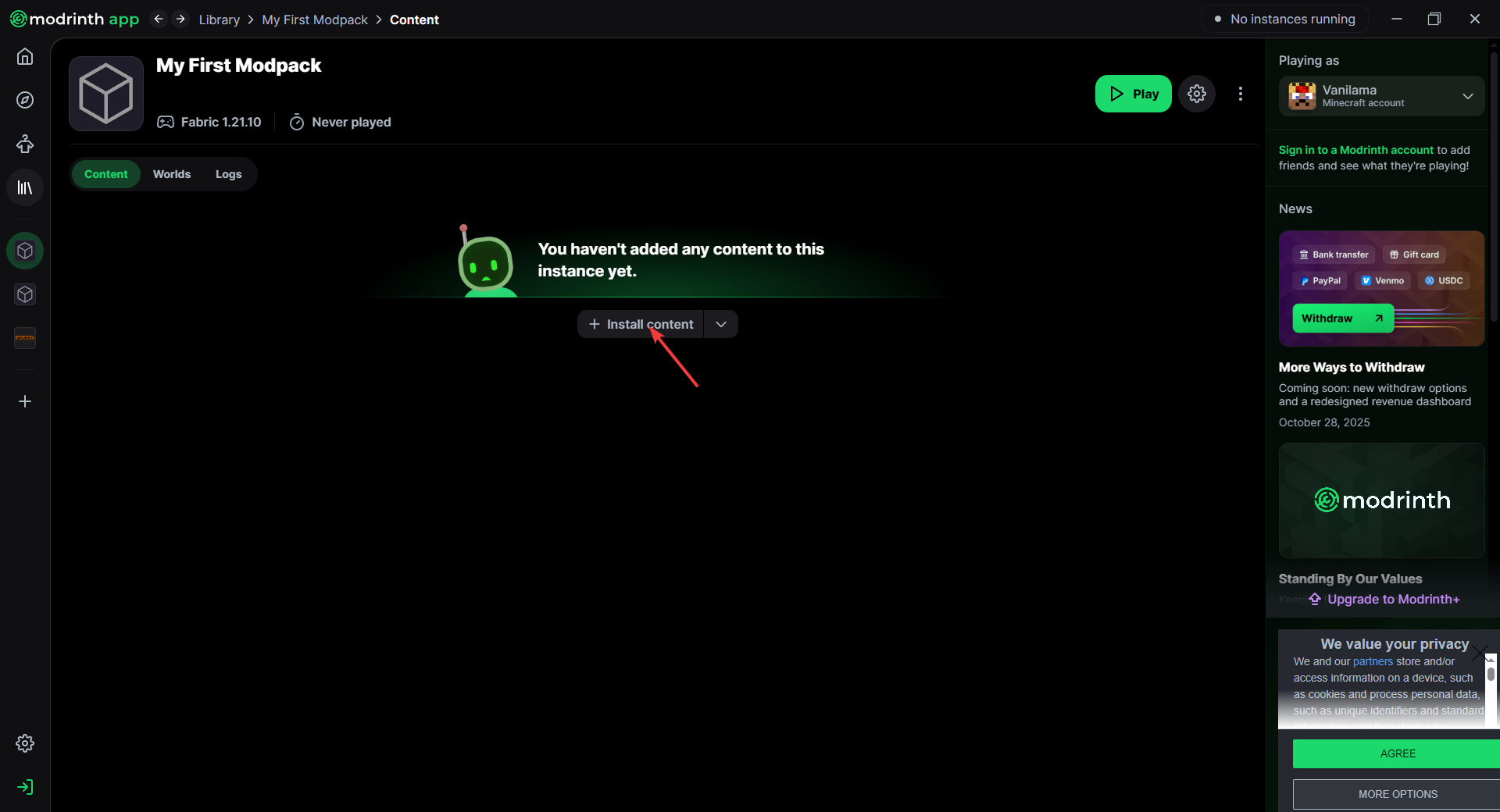 Install content button
